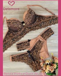 CONJUNTO TRIO CROPPED DE RENDA COM FIO E TANGA