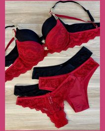 CONJUNTO TRIO PRE RENDA COM TALA DE TACTEL BOJO ALCA DE STRASS FIO E TANGA