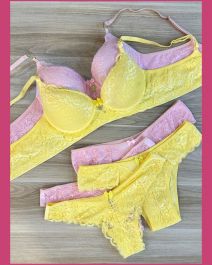 CONJUNTO TRIO PRE MOLDADO TACTEL COM RENDA ELASTICO DUPLO STRASS ALCA FIO E TANGA