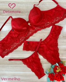 CONJUNTO TRIO DE RENDA SOUTIEN TIPO CROPPED CALCINHA FIO REGULAGEM E TANGA