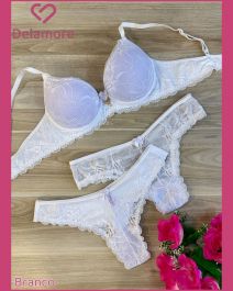 CONJUNTO TRIO DE RENDA FORRADO MICROFIBRA E RENDA
