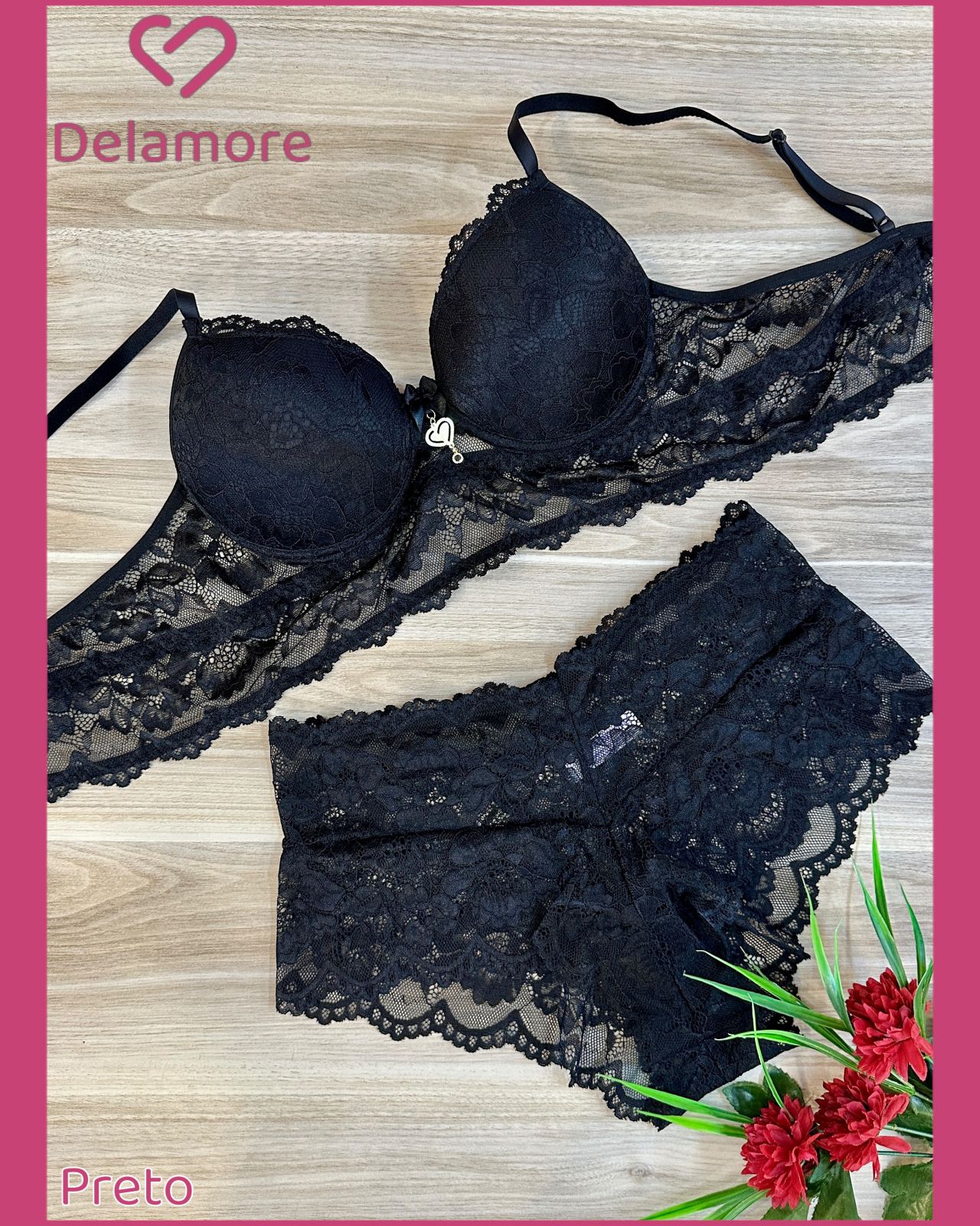 CONJUNTO DE RENDA SOUTIEN TIPO CROPPED CALCINHA CALECON