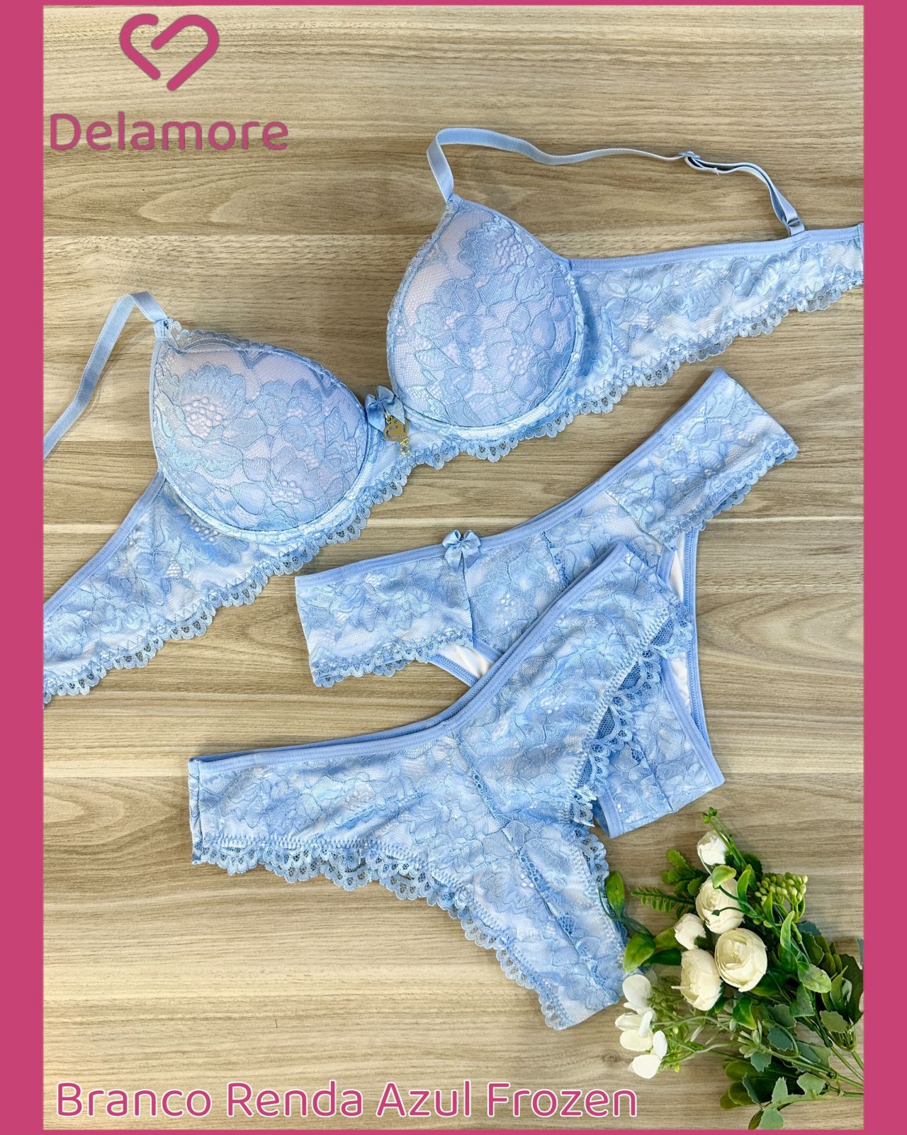 CONJUNTO TRIO PRE MOLDADO SO RENDA FORRADO DE TACTEL FIO E TANGA